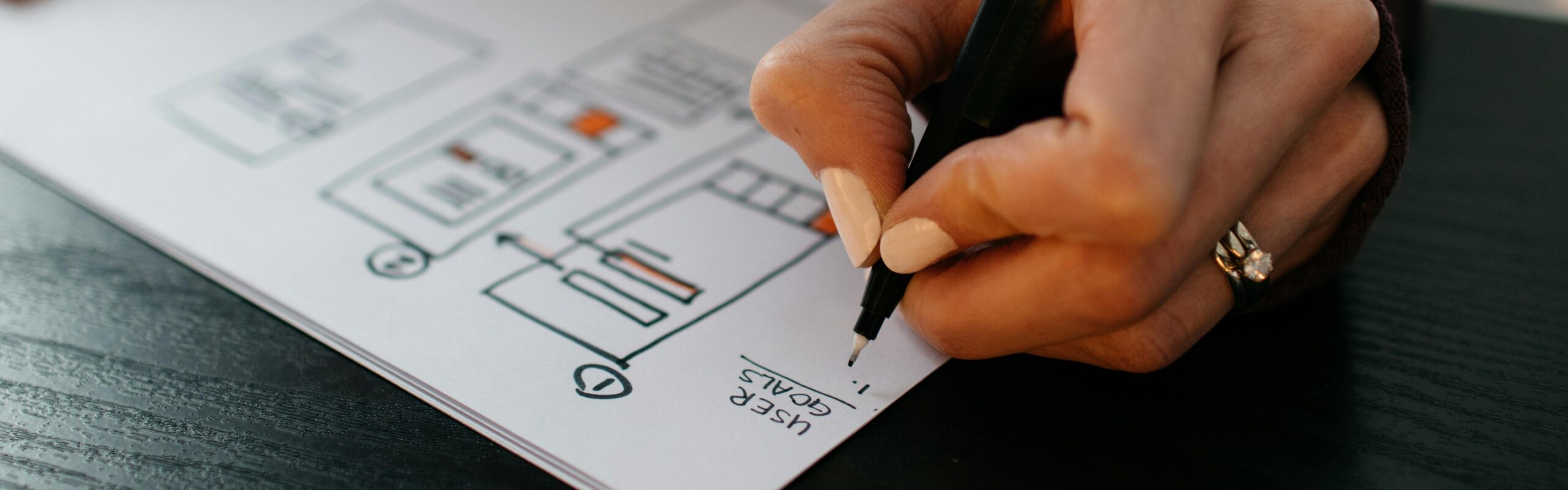 A cropped close up image showing a piece of paper with several frame boxes and hand holding a pen above the words User Journey.