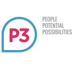 P3 logo, with the words P3 in a speech bubble followed by People, Potential, Possibilities